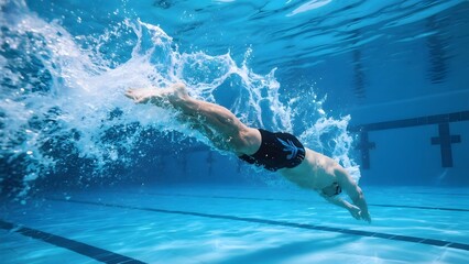 Swimmer executing a dive in an indoor pool, creating dynamic underwater splashes.