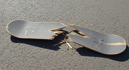 Broken Skateboard on Asphalt: A Symbol of Urban Adventure and Wear