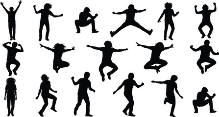 Jumping silhouette collection, active people poses, energetic movement illustration, freedom expression art, dance and fitness concept, human action vector, body motion creativity