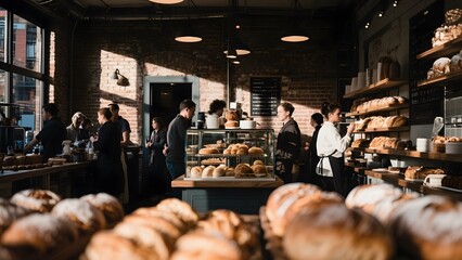 Bakery Interior with Fresh Baked Goods and Customers