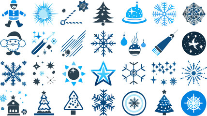 Illustration of winter holiday themed elements including snowflakes, christmas trees, santa and stars icons silhouette