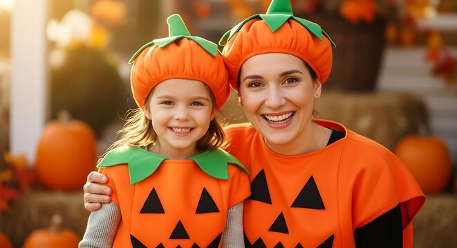Smiling Mother and Daughter in Pumpkin Costumes Enjoying Halloween, Celebrating Together with Joy and Laughter, Creating Cherished Memories in the Festive Autumn Season