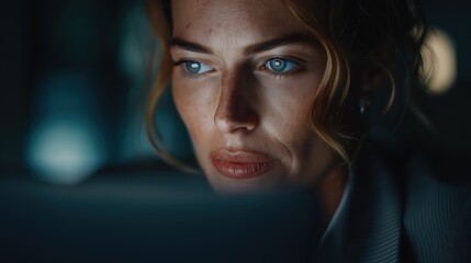 暗い部屋でパソコンの画面を見つめ集中するビジネスウーマンのクローズアップ | Close-up of a Focused Businesswoman Looking at a Computer Screen in a Dark Room
