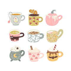 Autumn collection of cute cups with various cozy hot drinks. Natural elements and Halloween characters. Vector isolate texture illustration in simple hand drawn trendy cartoon style