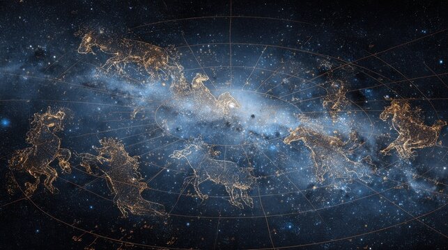 Ancient star chart overlay on modern galaxy image, glowing mythical creatures among real constellations
