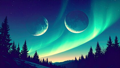 Mystical Northern Lights over a Winter Forest.