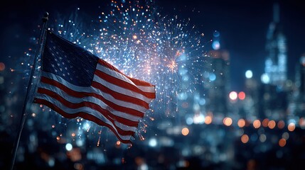 American Flag Waving with Fireworks and City Skyline at Night Celebration
