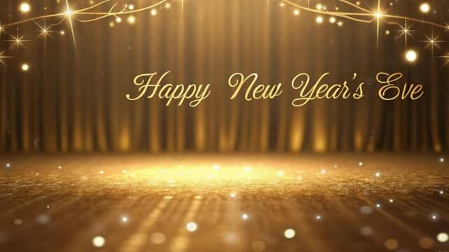 Elegant golden stage with sparkling lights and curtains for Happy New Year's Eve celebration holiday 4k video download - Powered by Adobe