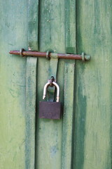Wooden green door with iron bolt and open strong padlock.