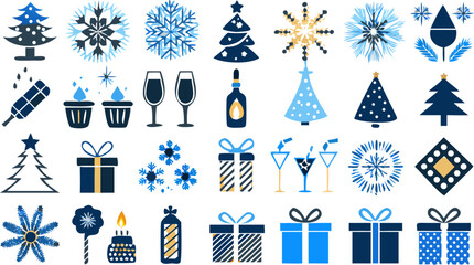 Collection of christmas themed icons including trees snowflakes gifts and celebratory drinks in blue and gold silhouette
