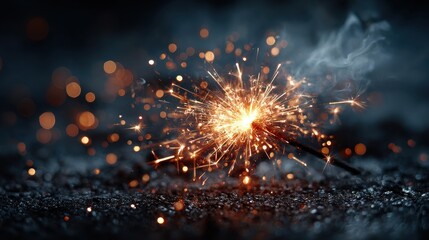 Festive Sparkler Burning Brightly with Bokeh Lights and Smoke on Dark Surface