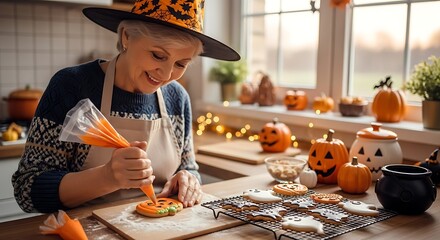 Smiling Woman Decorating Halloween Cookies with Orange Icing, Wearing a Witch Hat in a Festive Kitchen with Pumpkins and Treats, Holiday Baking