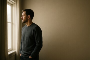 Man in quiet contemplation standing by a window in a minimalist room