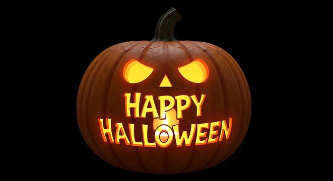 Glowing jack-o'-lantern with happy halloween message on a dark background, spooky halloween pumpkin with carved face and text for festive holiday celebration