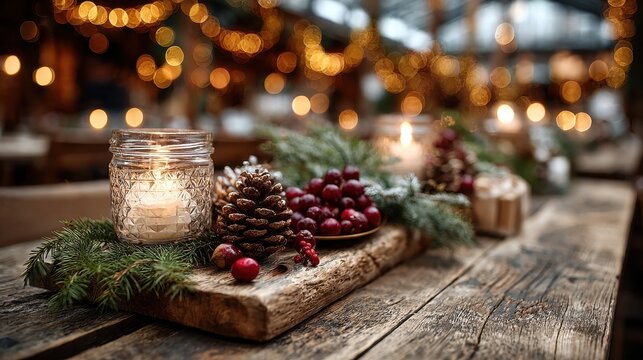 Rustic Christmas Table Decoration with Candle, Pine Cones and Cranberries
