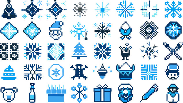 Collection of pixelated winter and christmas themed icons in blue and white color palette design set silhouette