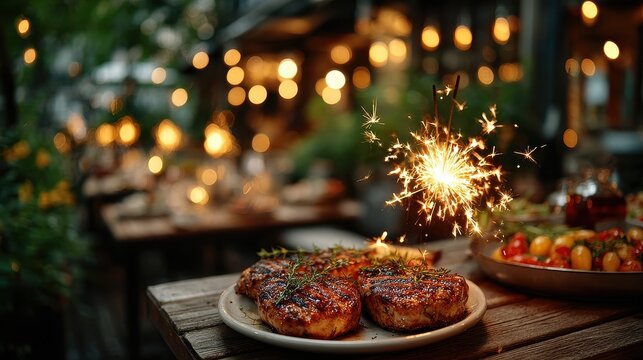 Festive Outdoor Dinner with Grilled Meat and Sparklers at Night