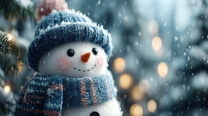 Cute Snowman with Blue Knit Hat and Scarf in Winter Wonderland Scene