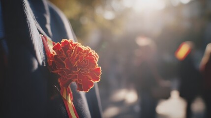 A vibrant orange and red carnation adorns a dark suit lapel with a striped ribbon,
