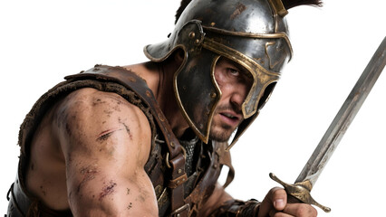 Close-up portrait of a fierce Roman gladiator with battle-worn armor, isolated on white.