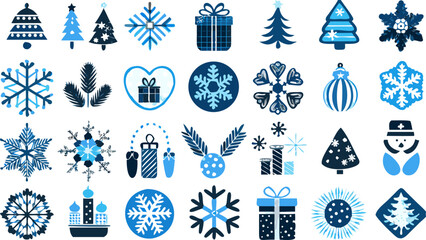 Collection of christmas themed icons including trees snowflakes gifts and decorations in blue colors silhouette