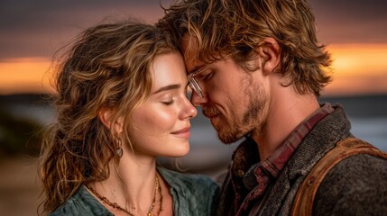 Couple enjoying a romantic moment together on the beach at sunset, sharing a tender forehead touch