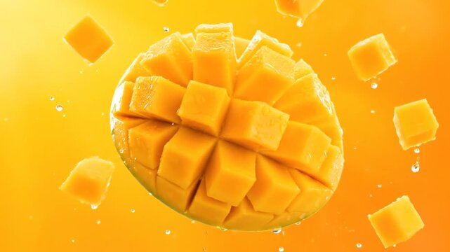 Close Up of Diced Alphonso Mango Cubes Floating Against an Orange Gradient Background, Showcasing Freshness and Perfect for Culinary Projects, Ad Promotions and National Mango Day