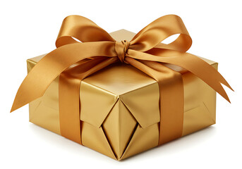 Golden gift box with satin ribbon bow present metallic