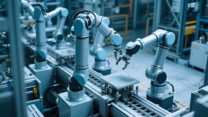 Robotic arms assembling components in a modern factory setting