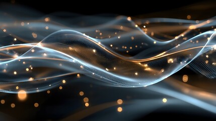 Layered abstract finance network with glowing nodes and data streams in cool cyan and soft gold, featuring transparent mesh layers and subtle grid for marketing