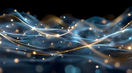 Layered abstract finance network with glowing nodes and data streams in cool cyan and soft gold, featuring transparent mesh layers and subtle grid for marketing