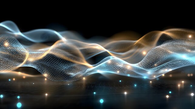 Layered abstract finance network with glowing nodes and data streams in cool cyan and soft gold, featuring transparent mesh layers and subtle grid for marketing