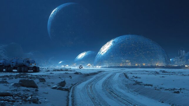 Moon colony under domes at lunar night, Earth glowing blue overhead, rover tracks in regolith, futuristic