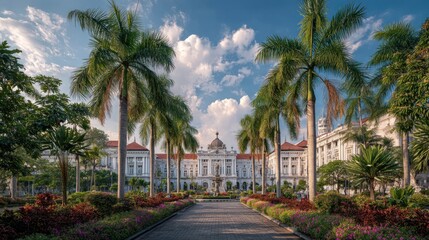Fototapeta premium Majestic architectural structure framed by tropical palm trees under azure sky