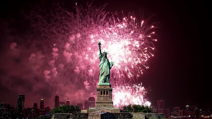 Statue of Liberty Silhouette Under Vibrant Red Fireworks Over a Dark Night Cityscape Backdrop