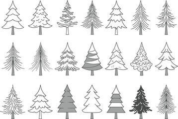 A collection of various Christmas tree illustrations and icons, in a doodle style, for holiday, winter, and festive season designs.