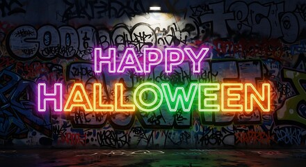 Happy Halloween Neon Sign on Graffiti Wall, Glowing Letters in Pink, Yellow