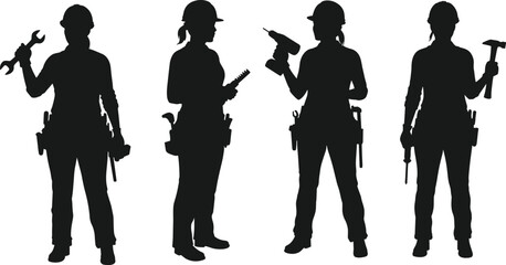 A collection of female construction workers and handymen in silhouette, holding tools and hard hats, for themes of construction, labor, and women in industry.