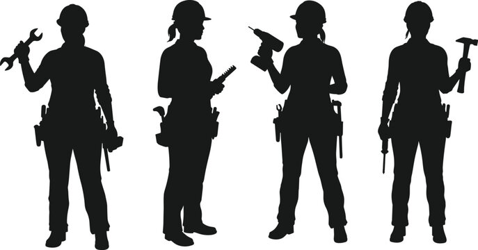 A collection of female construction workers and handymen in silhouette, holding tools and hard hats, for themes of construction, labor, and women in industry.