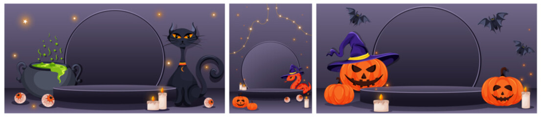 Collection Halloween podium scenes with cat, candles, pumpkins, snake, potion cauldron. Set platform podium for product display. Vector illustration.