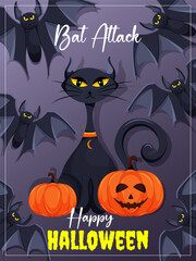 Halloween poster with black cat, flying bats, and carved pumpkins. Vector illustration for party invitation or postcard design.