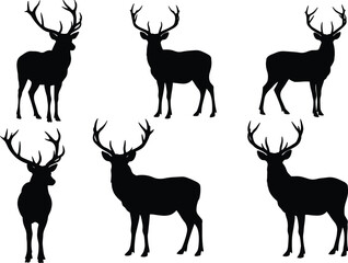A collection of deer silhouettes with impressive antlers, for nature, wildlife, hunting, and animal-themed design and illustration projects.