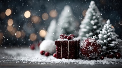 Festive Red Christmas Gift Box and Ornament with Snowy Trees Background