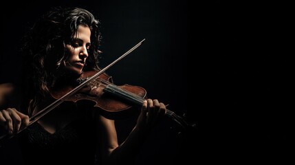 Melody of the Heart: A captivating woman passionately plays a vintage violin, bathed in the spotlight's embrace, emanating musical expression and emotional depth.