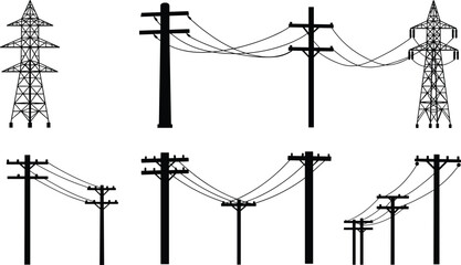 Collection of various electrical power lines, utility poles, high voltage towers for energy transmission, electricity distribution, industrial engineering, and infrastructure illustration