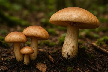 Cluster of brown cap mushrooms growing in a forest floor