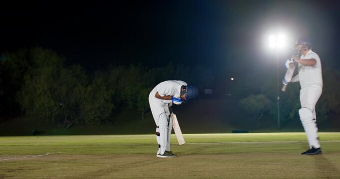 Receiving delivery, diverse male teammates swinging bat, bowing and celebrating shot under lights