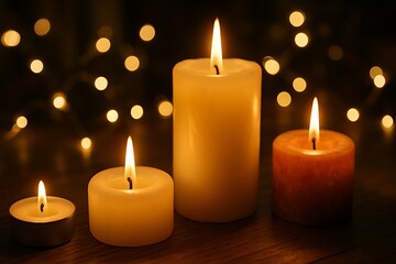 Four lit candles with a bokeh background of warm lights