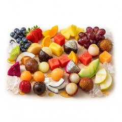 Fresh tropical fruit platter with honey drizzle and ice