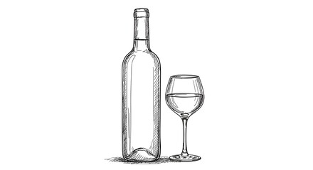 Hand-drawn sketch of a wine bottle and a filled glass on a white background.